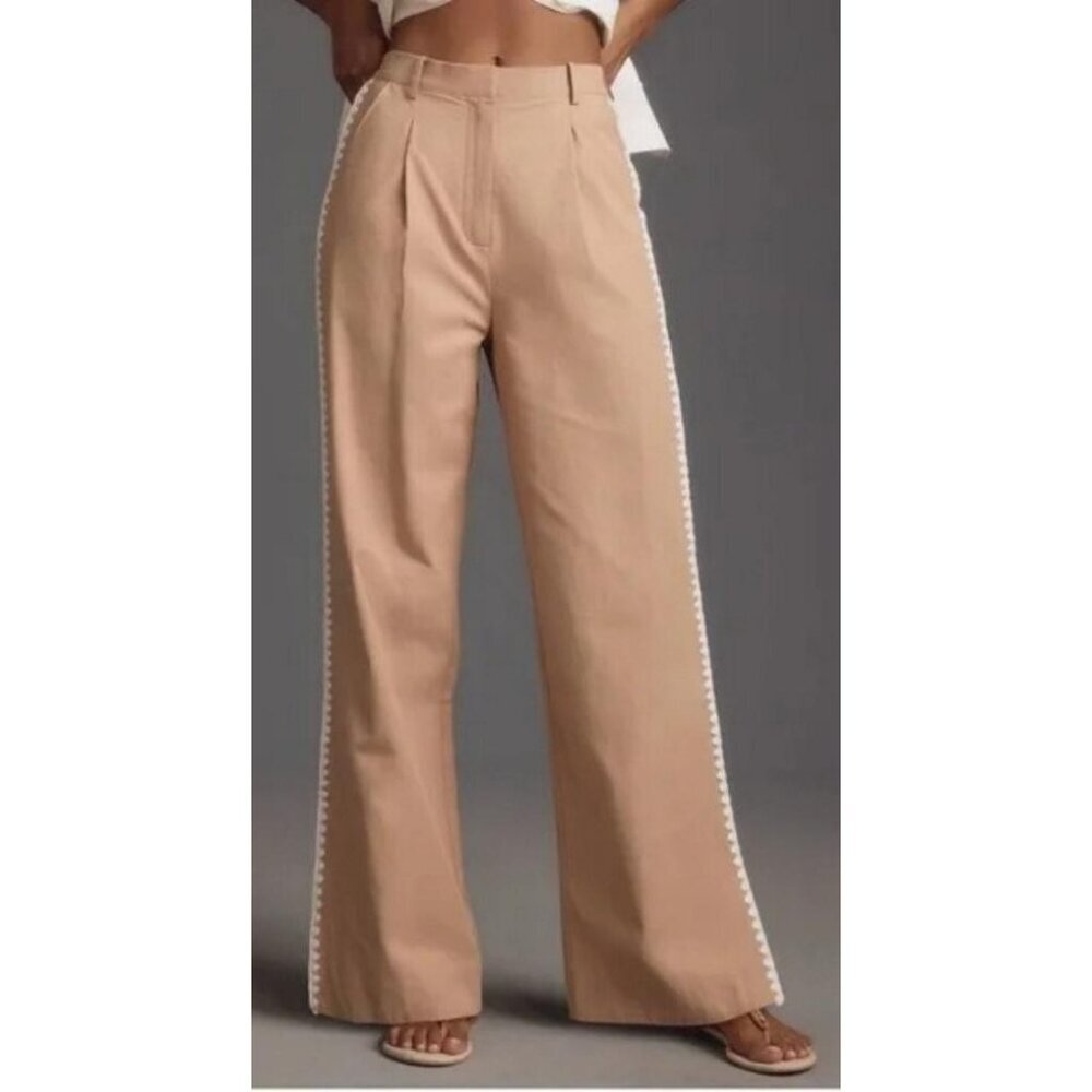 MON RENN LISLE Tan Cotton Side Embroidered Trim Straight Leg PANTS
